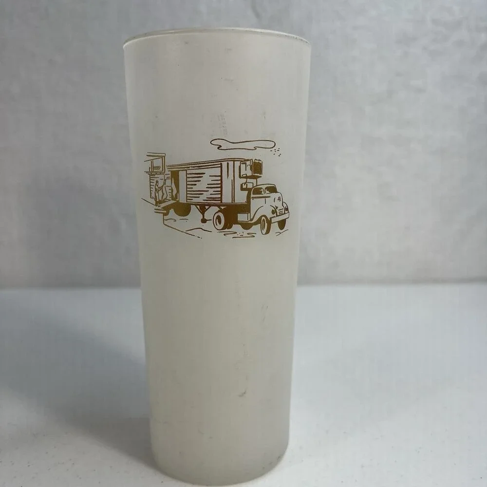 Vintage Rare Lot 6 Glass Frosted White Gold Etching Semi Trailer Crane Big Rig‎